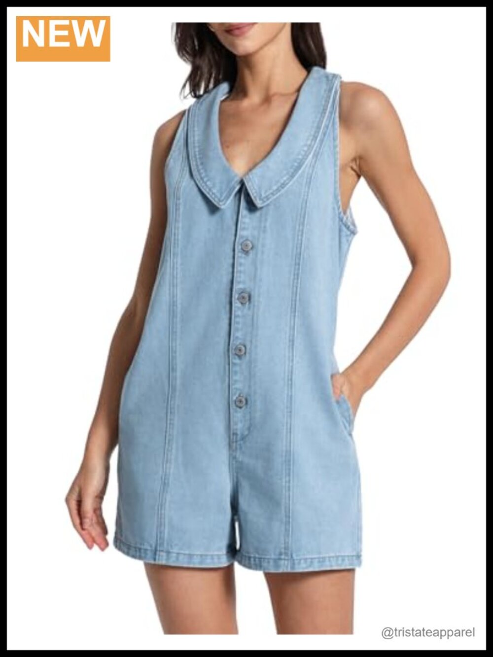 Sleeveless Denim Romper Button Up Sailor Collar One Piece Casual Summer Outfit